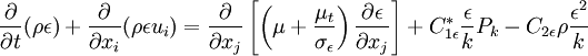 
\frac{\partial}{\partial t} (\rho \epsilon) + \frac{\partial}{\partial x_i} (\rho \epsilon u_i) = \frac{\partial}{\partial x_j} \left[\left(\mu+\frac{\mu_t}{\sigma_{\epsilon}}\right) \frac{\partial \epsilon}{\partial x_j}\right] + C_{1 \epsilon}^*\frac{\epsilon}{k} P_k - C_{2\epsilon} \rho \frac{\epsilon^2}{k}
