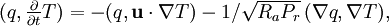 (q,\textstyle{\frac{\partial}{\partial t}}T)=-(q, \mathbf{u}\cdot\nabla T)
       -1/\sqrt{R_a P_r}\,(\nabla q,\nabla T), 