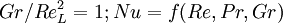 Gr/Re_L ^2 = 1; Nu = f(Re, Pr, Gr) 