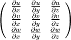  
\left(
\begin{array}{ccc}
\frac{\partial u}{ \partial x} & \frac{\partial u}{ \partial y} & \frac{\partial u}{ \partial z}	\\
\frac{\partial v}{ \partial x} & \frac{\partial v}{ \partial y} & \frac{\partial v}{ \partial z}	\\
\frac{\partial w}{ \partial x} & \frac{\partial w}{ \partial y} & \frac{\partial w}{ \partial z}\\
\end{array}
\right)	
