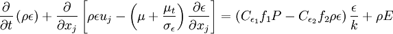 
\frac{\partial}{\partial t} \left( \rho \epsilon \right) +
\frac{\partial}{\partial x_j} 
\left[
 \rho \epsilon u_j - \left( \mu + \frac{\mu_t}{\sigma_\epsilon} \right) 
 \frac{\partial \epsilon}{\partial x_j}
\right]
=
\left( C_{\epsilon_1} f_1 P - C_{\epsilon_2} f_2 \rho \epsilon \right)
\frac{\epsilon}{k}
+ \rho E
