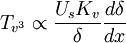  
T_{v^{3}} \propto \frac{U_{s} K_{v}}{\delta} \frac{ d \delta}{dx}
