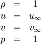 
\begin{matrix}
\rho &=& 1 \\
u &=& u_\infty \\
v &=& v_\infty \\
p &=& 1
\end{matrix}
