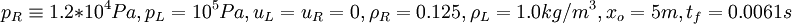  p_R \equiv 1.2*10^4 Pa,p_L=10^5 Pa,u_L=u_R=0,\rho_R=0.125,\rho_L=1.0 kg/m^3 ,x_o=5 m ,t_f=0.0061 s 