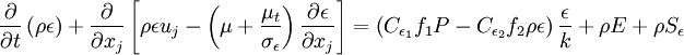 
\frac{\partial}{\partial t} \left( \rho \epsilon \right) +
\frac{\partial}{\partial x_j} 
\left[
 \rho \epsilon u_j - \left( \mu + \frac{\mu_t}{\sigma_\epsilon} \right) 
 \frac{\partial \epsilon}{\partial x_j}
\right]
=
\left( C_{\epsilon_1} f_1 P - C_{\epsilon_2} f_2 \rho \epsilon \right)
\frac{\epsilon}{k}
+ \rho E
+ \rho S_\epsilon
