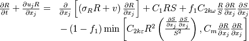 
\begin{matrix}
\frac{\partial R}{\partial t}+\frac{\partial u_{j} R}{\partial x_{j}}=& \frac{\partial}{\partial x_{j}}\left[\left(\sigma_{R} R+v\right) \frac{\partial R}{\partial x_{j}}\right]+C_{1} R S+f_{1} C_{2 k \omega} \frac{R}{S} \frac{\partial R}{\partial x_{j}} \frac{\partial S}{\partial x_{j}}\\
&-\left(1-f_{1}\right) \min \left[C_{2 k \varepsilon} R^{2}\left(\frac{\frac{\partial S}{\partial x_{j}} \frac{\partial S}{\partial x_{j}}}{S^{2}}\right), C_{m} \frac{\partial R}{\partial x_{j}} \frac{\partial R}{\partial x_{j}}\right]
\end{matrix}
