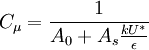  C_{\mu} = \frac{1}{A_0 + A_s \frac{k U^*}{\epsilon}} 