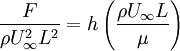 \frac{F}{\rho U_{\infty}^{2}L^{2}}=h\left(\frac{\rho U_{\infty} L}{\mu}\right)