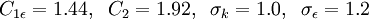  C_{1 \epsilon} = 1.44,  \;\; C_2 = 1.92, \;\; \sigma_k = 1.0, \;\; \sigma_{\epsilon} = 1.2  