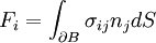 
F_i = \int_{\partial B} \sigma_{ij} n_j dS
