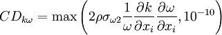 
CD_{k\omega}=\mbox{max} \left( 2\rho\sigma_{\omega 2} {1 \over \omega} {{\partial k} \over {\partial x_i}} {{\partial \omega} \over {\partial x_i}}, 10 ^{-10} \right )
