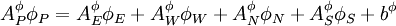  
A^{\phi}_{P} \phi_{P} = A^{\phi}_{E} \phi_{E} + A^{\phi}_{W} \phi_{W} + A^{\phi}_{N} \phi_{N} + A^{\phi}_{S} \phi_{S} + b^{\phi}
